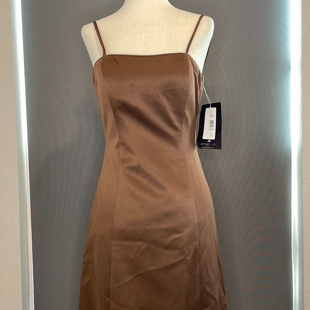 JS BOUTIQUE NWT chocolate brown simple tea length cocktail dress